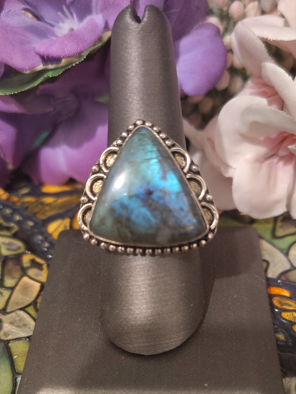 Laboradoite Triangle Shape Gemstone Ring - 8 3/4